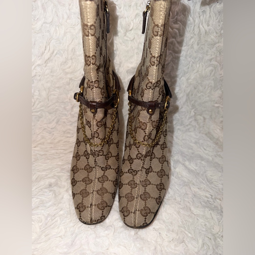 Vintage Gucci GG Monogram Horsebit Harness Ankle High Heeled Beige Canvas Boots - Picture 8 of 15